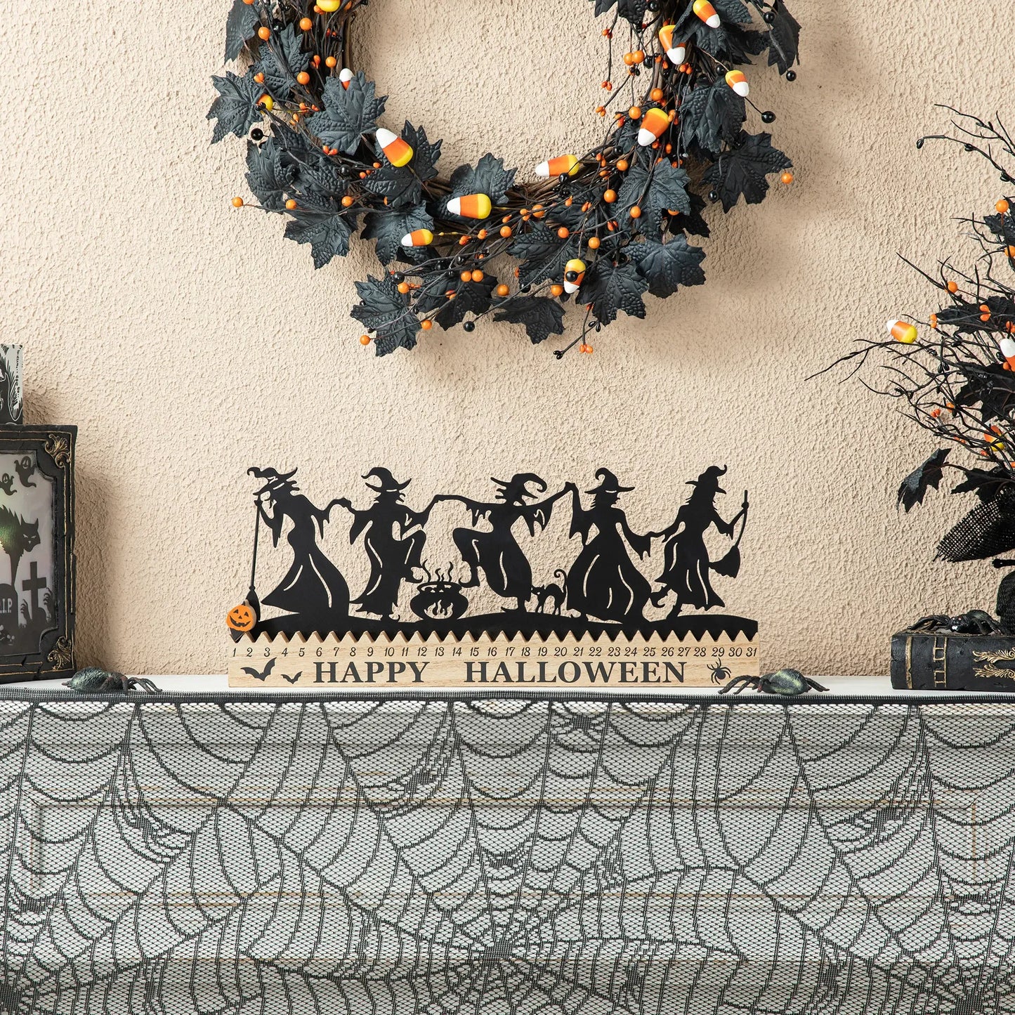 18"L Halloween Wooden & Metal Dancing Witch Silhouette Countdown Table Sign