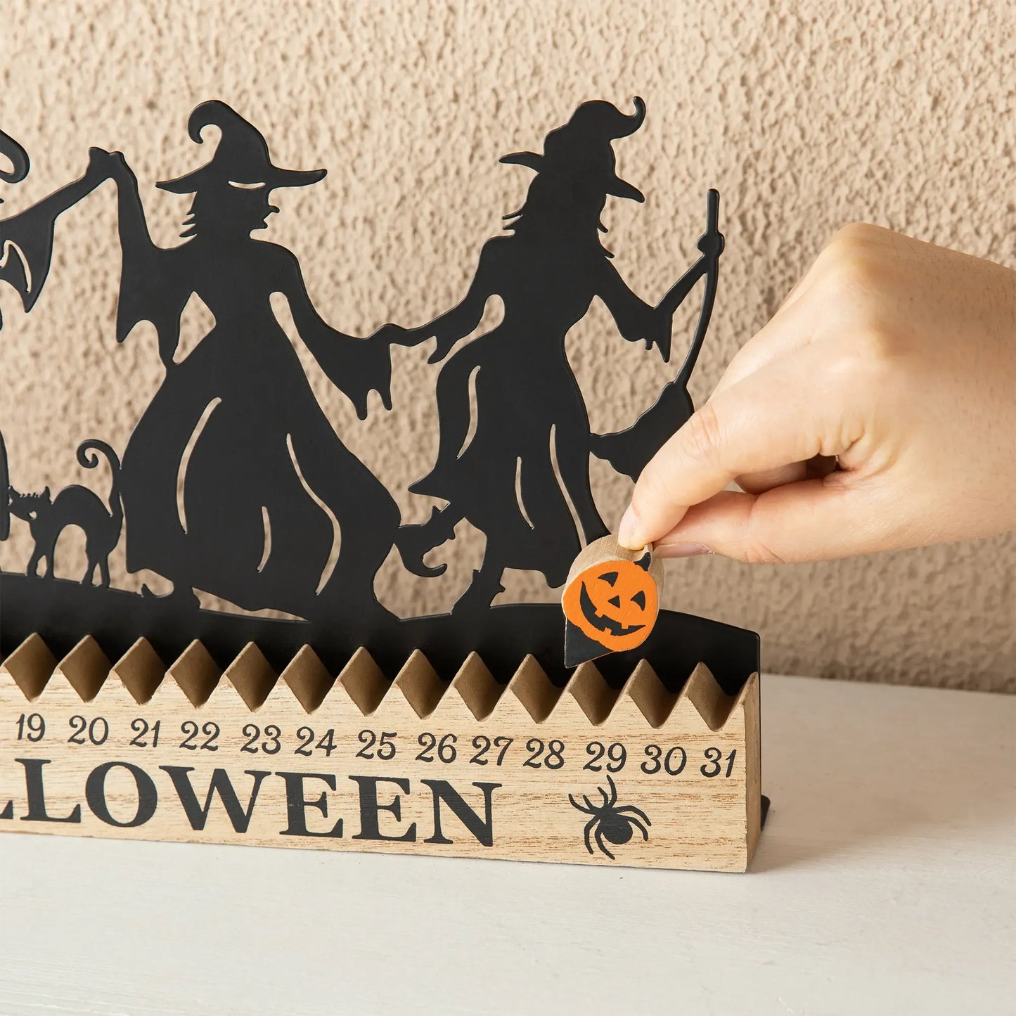 18"L Halloween Wooden & Metal Dancing Witch Silhouette Countdown Table Sign